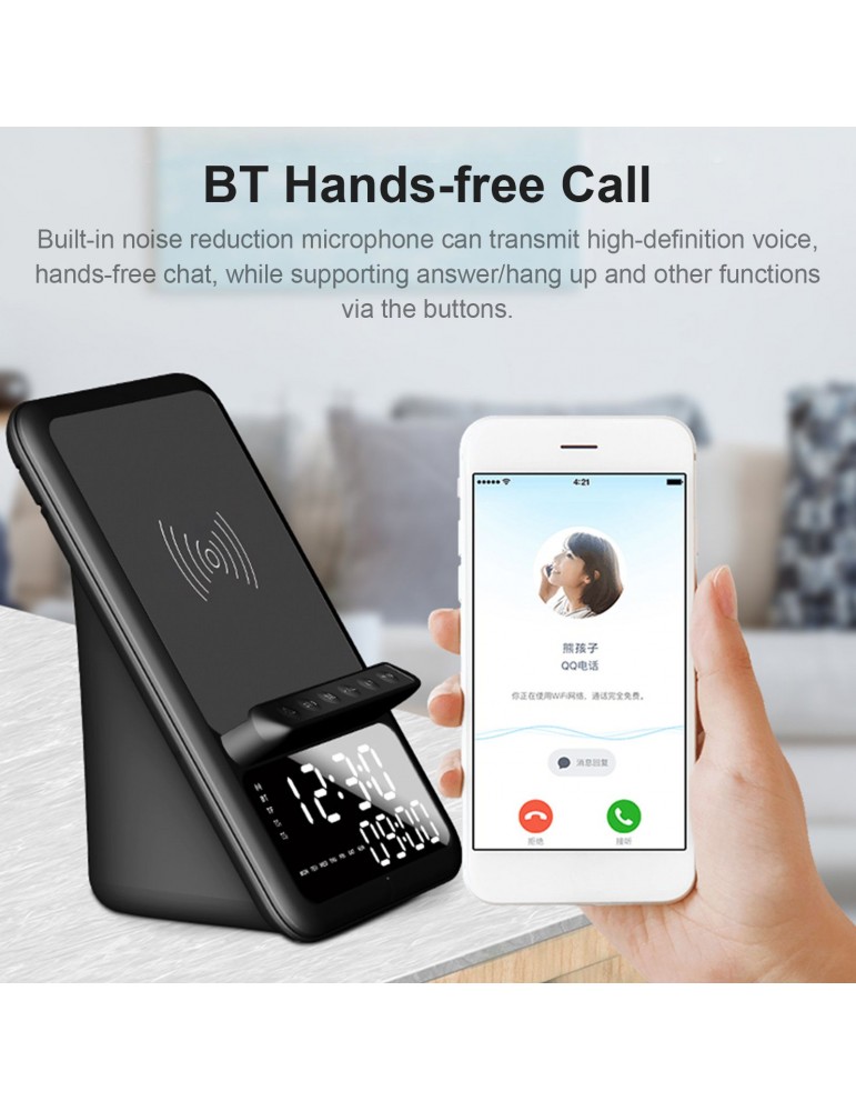 Wireless BT5.1 Speaker Wireless Charger Fast Charging Stand Alarm Clock Time Display TF Card MP3 Playback with Mic