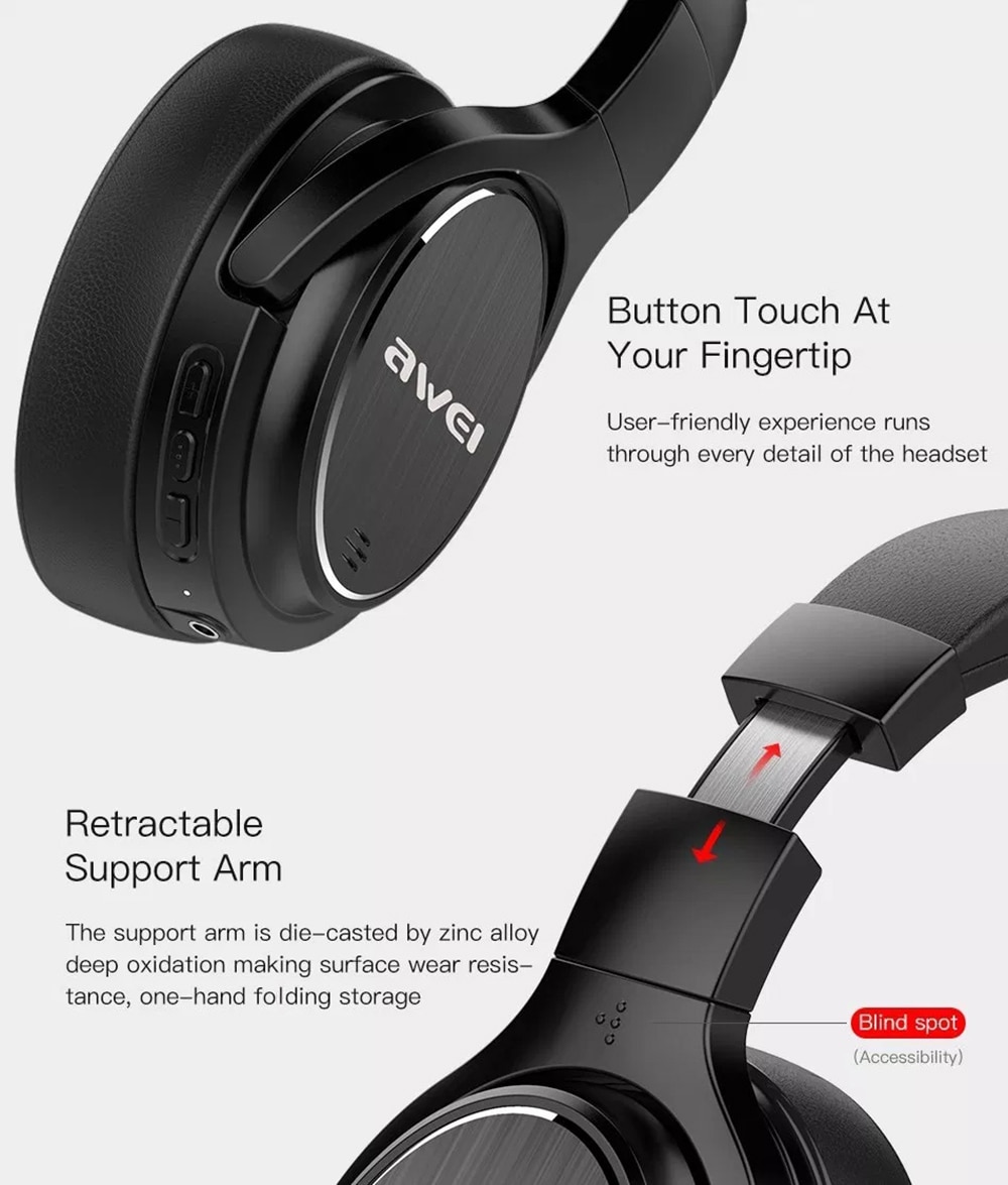 Awei A950BL ANC Gürültü Azaltma Bluetooth Kulaklık Kablosuz Kafa Bandı Kulaklık Mikrofonlu - Siyah